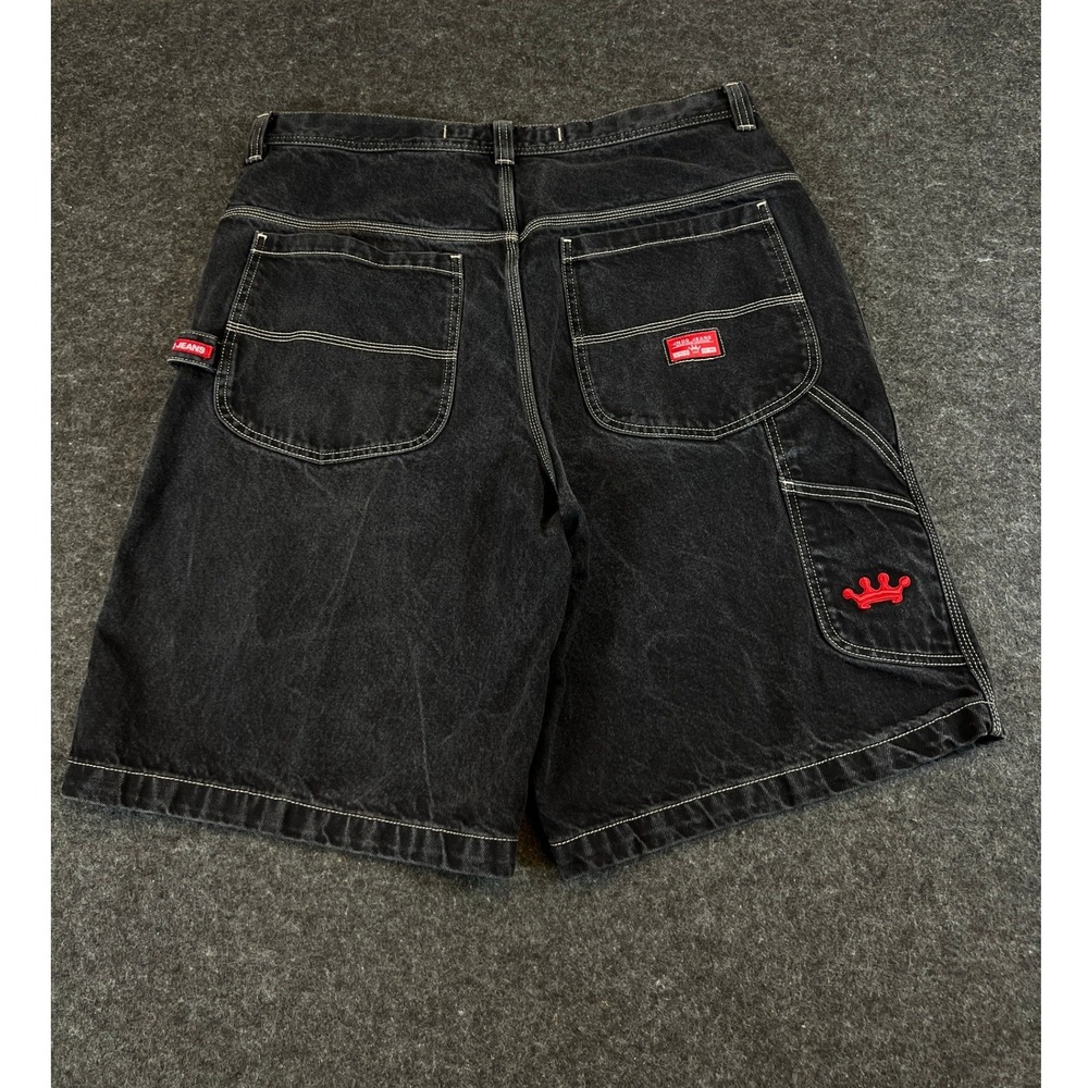 VTG 90s JNCO Shorts Mens 38 Black Denim Baggy Embroidered Jean Jorts Carpenter